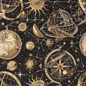 May include: A black fabric featuring a repeating pattern of gold-toned celestial navigation instruments, including globes, compass roses, suns, and stars. The design includes intricate line work depicting astronomical charts and planetary spheres.