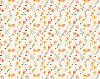 Spring Wildflower Cotton Fabric, Watercolor Floral Vine Print, Pure Cotton Quilting Fabric, Soft Pastel Sewing Fabric, By The Half Yard
