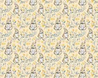 Tela de algodón con estampado floral amarillo y conejito vintage, estampado de conejo en acuarela, tela de algodón puro para acolchado, tela de primavera y Pascua por medio metro.