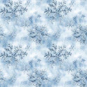 May include: A repeating fabric pattern featuring detailed, crystalline snowflake illustrations in shades of white and icy blue. The design showcases large, intricate six-pointed snowflakes interspersed with smaller, delicate flakes on a soft, mottled blue background.