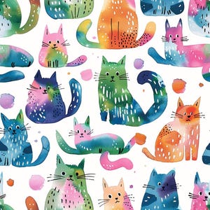 Peut inclure: Un motif répétitif sur fond blanc représentant plusieurs chats illustrés dans un style aquarelle. Les chats sont représentés dans diverses couleurs vives, notamment orange, rose, bleu et vert, avec des textures peintes et des tirets blancs.
