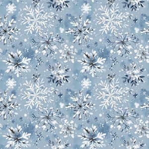 May include: A seamless pattern featuring white and dark blue watercolor snowflakes of varying sizes scattered across a dusty light blue background. The design includes intricate crystalline structures and small white dots representing falling snow.