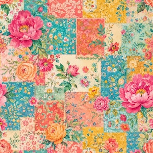 May include: A patchwork fabric design featuring rectangular blocks of floral patterns in shades of pink, teal, yellow, and cream. The print displays large peony and rose blossoms alongside small wildflower clusters and intricate botanical foliage.