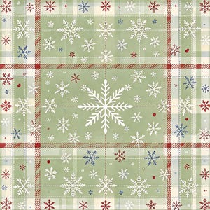 Op de afbeelding: Een vierkant stofpatroon met een saliegroene achtergrond en een wit, rood en blauw ruitjespatroon. Het ontwerp is versierd met diverse witte, rode en blauwe sneeuwvlokillustraties van verschillende groottes verspreid over het hele oppervlak.
