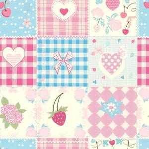 May include: A patchwork fabric pattern featuring alternating squares of pink and white gingham, blue and white gingham, and cream backgrounds. The design includes illustrations of red cherries, pink roses, white hearts, polka dots, and bows.
