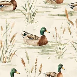 May include: A repeating pattern featuring mallard ducks swimming in water among tall reeds and grasses. The ducks have green heads, brown chests, and grey wings. The background is a light cream color with watercolor-style green water.