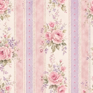 May include: Wallpaper featuring a vertical striped pattern in shades of cream, light pink, and lavender. The design includes bouquets of pink roses and small purple flowers, accented by thin vertical bands containing tiny pink heart shapes.