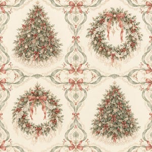 May include: A repeating wallpaper pattern featuring illustrated Christmas trees and holiday wreaths decorated with red bows, lace ribbons, and ornaments. The design is set against a cream background with flowing sage green swags and bows.