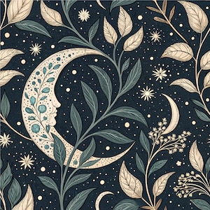 May include: A seamless pattern featuring a crescent moon with a face, surrounded by stylized leafy branches, small flowers, and scattered stars against a dark navy blue background. The design incorporates cream, sage green, and dark blue tones.