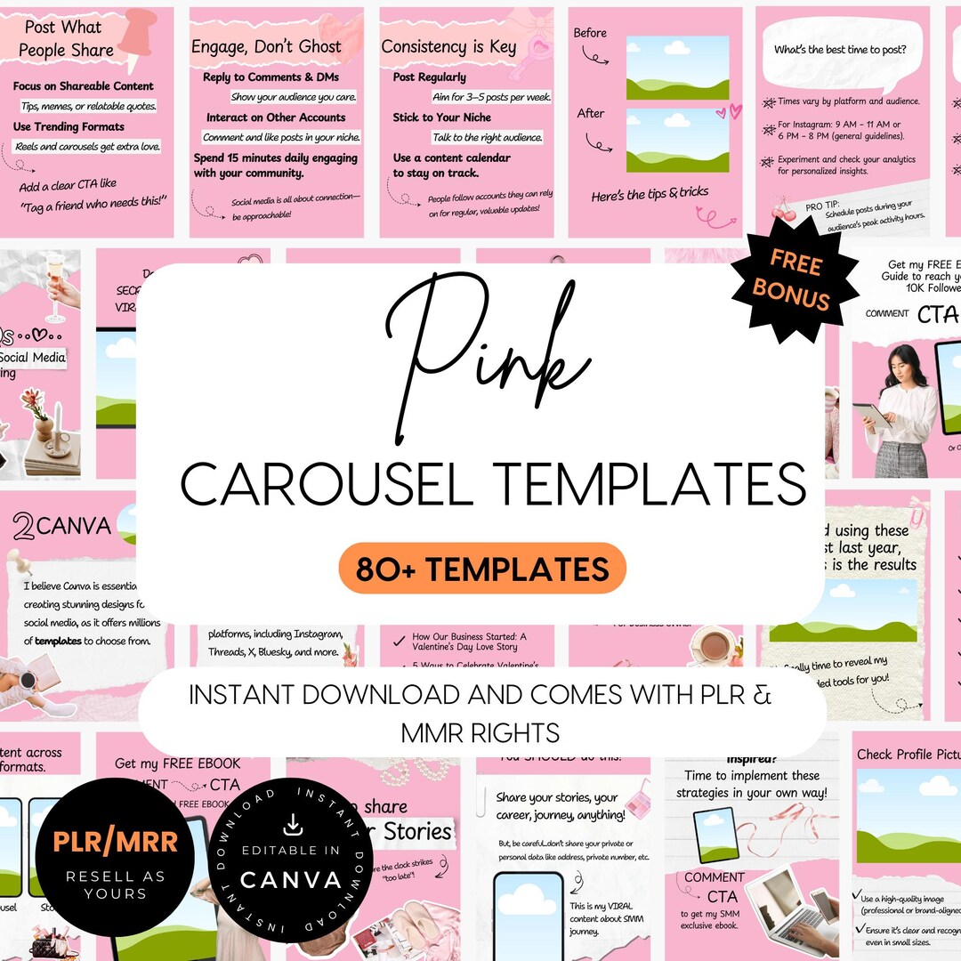 Pink Instagram Carousel Templates, PLR MRR Digital Products, Ig ...