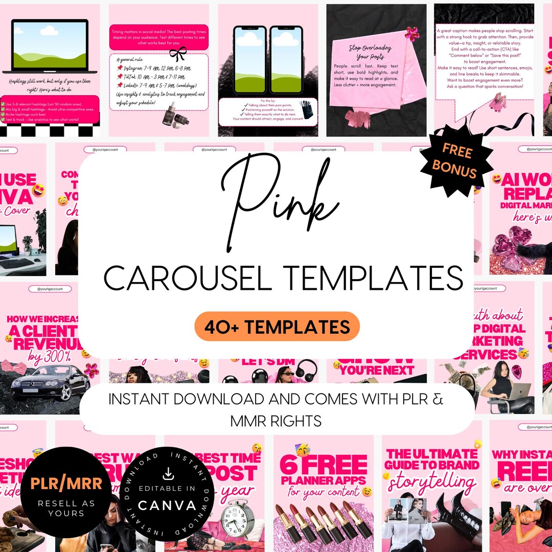 Pink Instagram Carousel Templates, PLR MRR Digital Products, Ig ...
