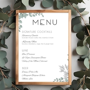 Modèle de menu de bar, enseigne de boissons eucalyptus bohème, enseigne de bar floral imprimable, thème du printemps, thème de l'été, téléchargement immédiat 8 x 10, édition avec toile