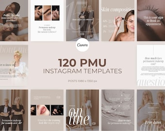 120 PMU Instagram Aesthetic Templates Canva, Permanent Makeup Brows Lips Social Media Beauty Branding Beige Template Posts Post Bundle