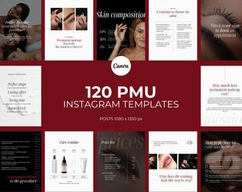 120 PMU Instagram Aesthetic Templates Canva, Permanent Makeup Brows Lips Social Media Beauty Branding Burgundy Template Posts Post Bundle