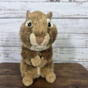 May include: A plush squirrel toy featuring soft brown fur, a lighter cream-colored chest and muzzle, and large dark eyes. The stuffed animal is depicted in a standing position with its small front paws held together near its chest area.