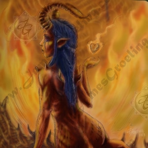 May include: A digital painting of a female demon with blue hair and horns. She is sitting on a rocky surface with flames in the background. She is holding a heart in her hand and looking to the side.