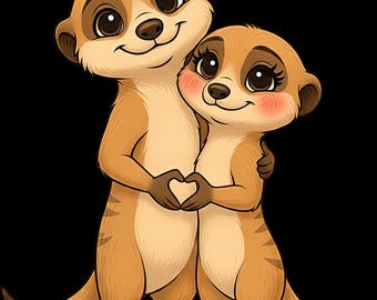 Meerkat Couple with Heart | Cute Meerkat Lovers Couple Design Digital File PNG Idea to Print, Meerkat With Heart Png File Animals Design