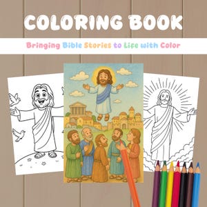 Op de afbeelding: Een kleurboek voor kinderen met illustraties van Jezus. De titel is "COLORING BOOK" en "Bringing Bible Stories to Life with Color." De afbeelding bevat kleurpotloden en zwart-wit tekeningen.