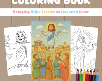 Könnte beinhalten: Ein Malbuch für Kinder mit Illustrationen von Jesus. Der Titel lautet "COLORING BOOK" und "Bringing Bible Stories to Life with Color." Das Bild zeigt Buntstifte und Schwarz-Weiß-Zeichnungen.