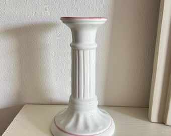 Ceramic White Candlestick Holder with Pale Pink Trim | Home Decor, Gift