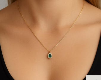 Emerald Teardrop Necklace Gold Stainless Steel Dainty Pendant Women Jewelry Gift
