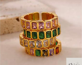 Gold Gemstone Ring Adjustable Colorful Band Green Pink Crystal