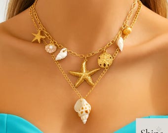 Layered Beach Seashell Necklace, Starfish Pendant Summer Boho Jewelry