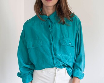 Teal silk blouse - button down long sleeve - L