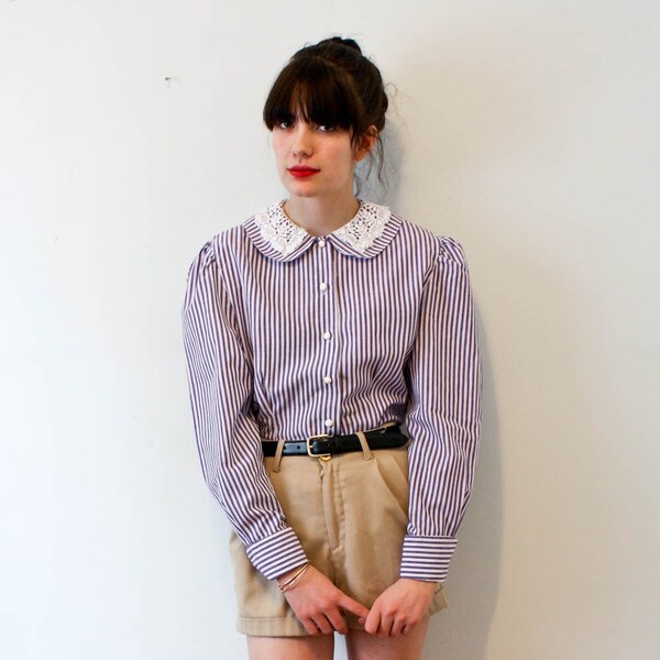 vintage purple striped blouse with lace peter pan collar - M