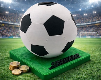 Gepersonaliseerde spaarpot in voetbalthema met naam, geldcadeau voor kinderen, cadeau voor voetbalfans, verjaardag, eerste schooldag, voetbaldecoratie