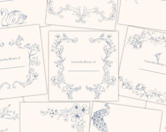 Collezione di ex libris vintage in tela blu / Etichette stampabili per ex libris
