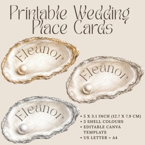 Puede incluir: Tarjetas de sitio para bodas imprimibles con tres conchas de ostra en tonos oro, plata y bronce, cada una con una perla y el nombre Eleanor. Incluye dimensiones de 12,7 x 7,9 cm, tres colores de concha, plantilla Canva y formatos A4.