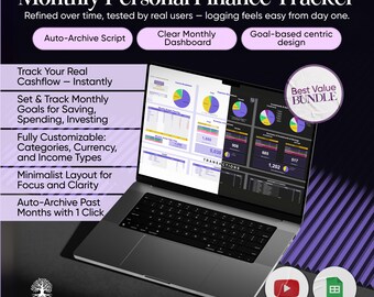 May include: A silver laptop displays a monthly personal finance tracker with charts and data. The screen shows a clear monthly dashboard, goal-based design, and auto-archive script features. Text highlights key features like tracking cash flow and setting goals.