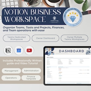 May include: A digital workspace design with the text "NOTION BUSINESS WORKSPACE". The image includes a tablet displaying a dashboard, along with icons and text promoting features like team management and finance templates. A "High Value Products" badge is also visible.
