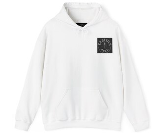 May include: White hooded sweatshirt with a black square patch featuring the text "YAMDIY" and a graphic design.