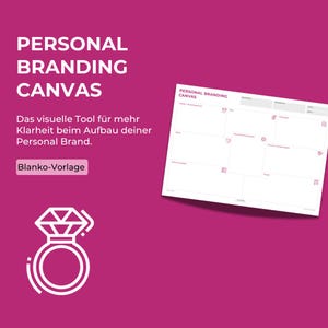 May include: A white Personal Branding Canvas on a magenta background. The canvas has sections for notes and planning. Text on the canvas reads "PERSONAL BRANDING CANVAS". Additional text includes "Das visuelle Tool für mehr Klarheit beim Aufbau deiner Personal Brand."