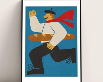 Running French Man With A Baguette art print poster