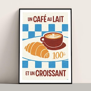 Vintage style French Croissant and Coffee poster wall art print