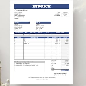May include: A blank invoice template with blue and white accents. The invoice includes sections for billing information, shipping information, itemized list, and payment terms. The invoice is dated 4/12/2020.