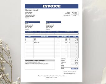 May include: A blank invoice template with blue and white accents. The invoice includes sections for billing information, shipping information, itemized list, and payment terms. The invoice is dated 4/12/2020.
