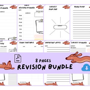 May include: A digital revision bundle with 8 pages, featuring a weekly and daily planner, mind map, brain dump, exam timetable, and subject planner. The design includes a cartoon dachshund and the text "Revision Bundle".