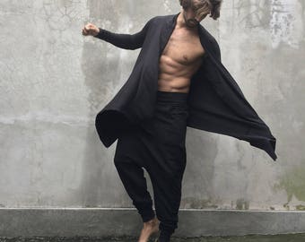 Boho Mens Black Cardigan, Bohemian Kimono Top, Gothic Top, Streetwear Robe Top, Mens Multiway Cardigan, Mens Stretched Sleeves Fashion Top