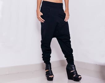 Baggy Black Low Crotch- Eco-Friendly Cotton, Boho Streetwear, Relaxed Fit Womens Pants - Ethically Made Harem Sweatpants, Boho Yoga Wear