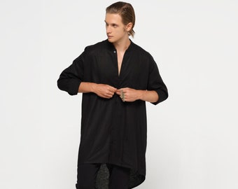 Handmade Black Tunic, Stylish Boho Shirt, Long Sleeve Formal Top, Unique Bohemian Menswear. Lightweight Cotton Summer Blouse For Men