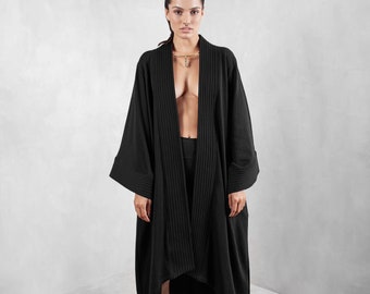 Black Afghan Coat, Boho Wrap Kimono, Handmade Urban Jacket, Penny Lane Wrap Robe, Bohemian Cardigan, Wide Sleeves Tunic, Plus Size Overcoat