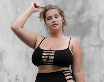 Black Plus Size Bra Top, Plus Size Sexy Bra, Plus Size Soft Cup Bra, XL Bra, Goth Curvy Sports Bra, Black Cage Bra, Summer Modern Bra