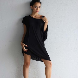 Lounge Wear, Off the Shoulder Dress , Oversized Dress, Black Tunic, Black Tshirt Dress, Black Tunic Dress, Asymmetric Top, Draped Top image 4