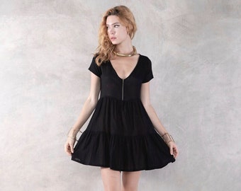Babydoll Dress Black, Cute Black Dress, Short Sleeve Black Babydoll dress, Black Mini dress, Short Cute Black Dress, Organic Cotton Dress