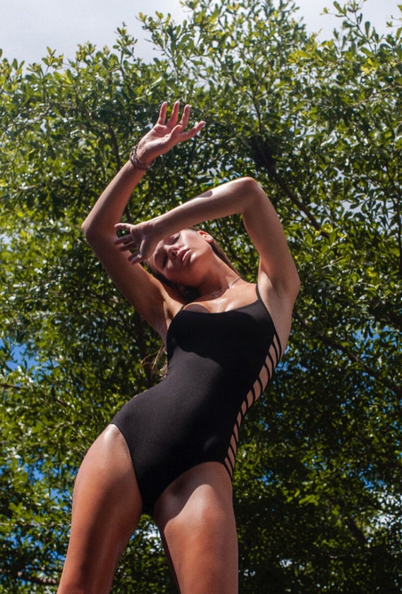 Black One Piece Swimsuit, Organic Cotton Bodysuit, Open Sides