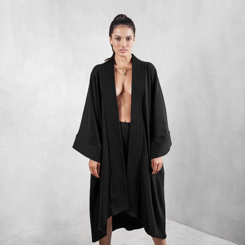 Black Afghan Coat, Boho Wrap Kimono, Handmade Urban Jacket, Penny Lane Wrap Robe, Bohemian Cardigan, Wide Sleeves Tunic, Plus Size Overcoat image 1